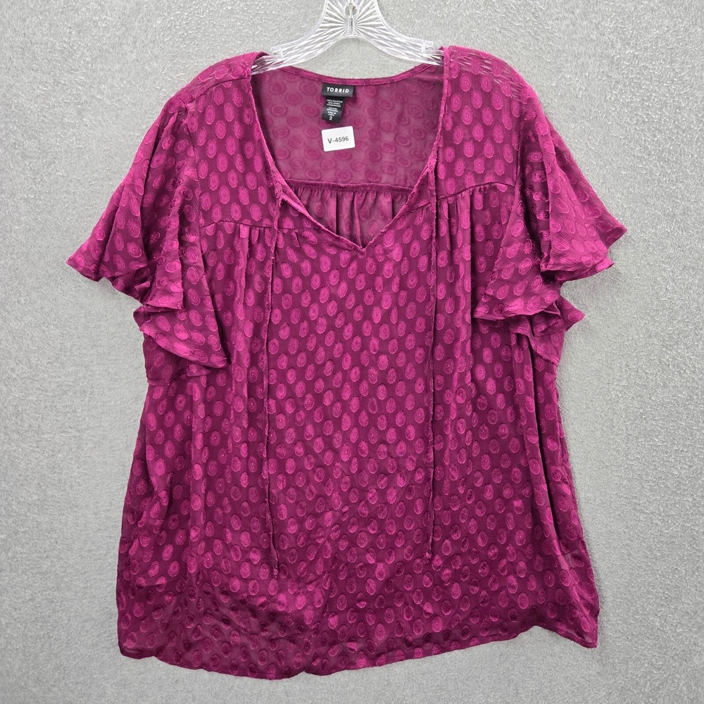 Torrid‎ Women Top 2 Purple Polka Dot Sheer Flutter Short Sleeve